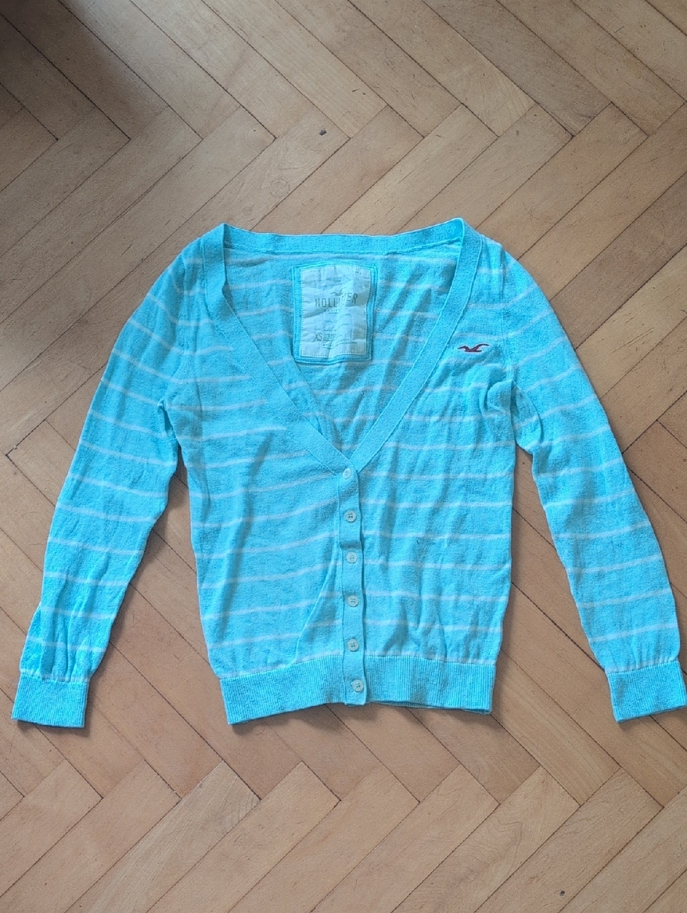 Hollister Women's Aqua and White Striped V-Neck Cardigan Size XS